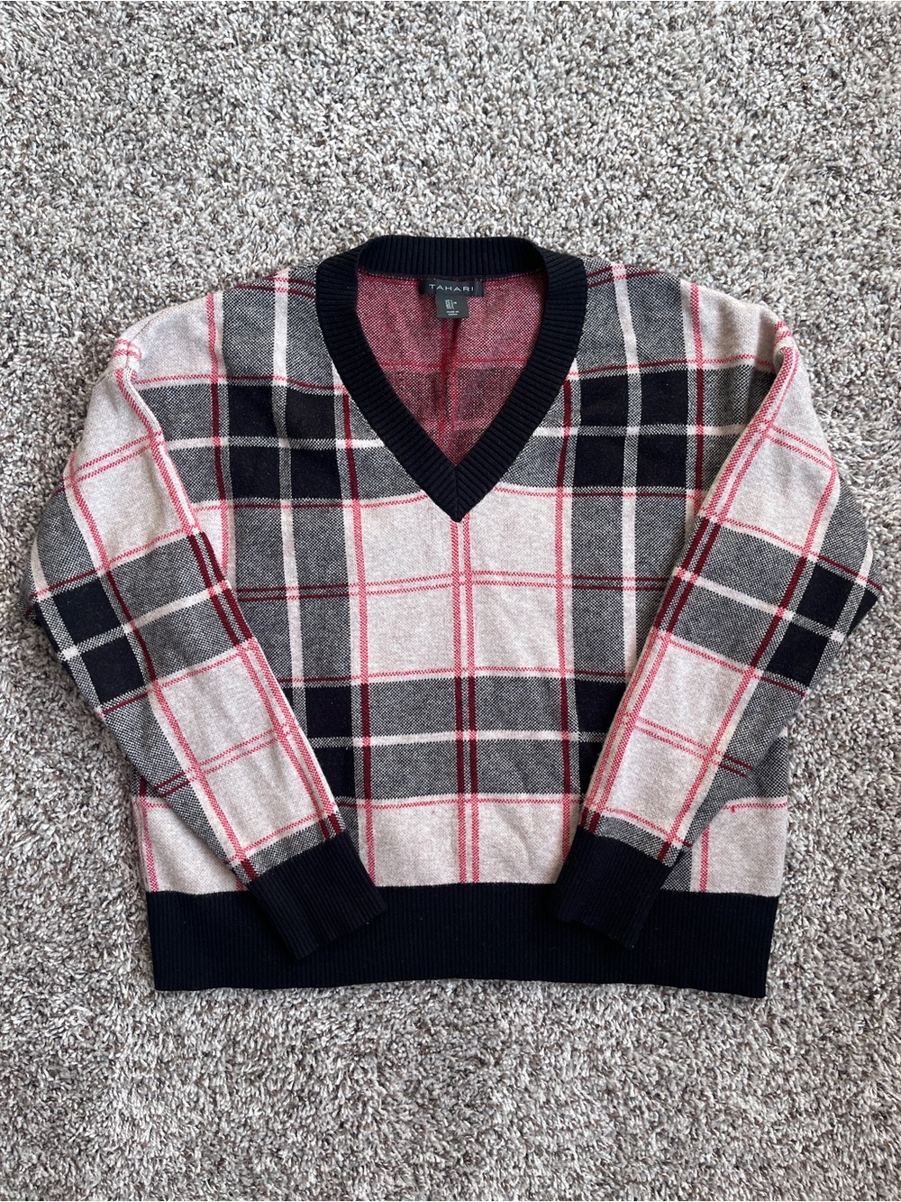 Tahari Black, Gray & Red Plaid V-Neck Sweater